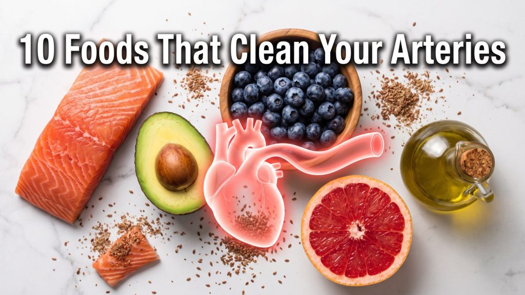 Flat lay of heart-healthy foods that unclog arteries including salmon, avocado, olive oil, and berries.