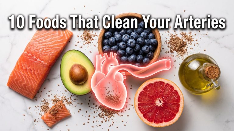 Flat lay of heart-healthy foods that unclog arteries including salmon, avocado, olive oil, and berries.