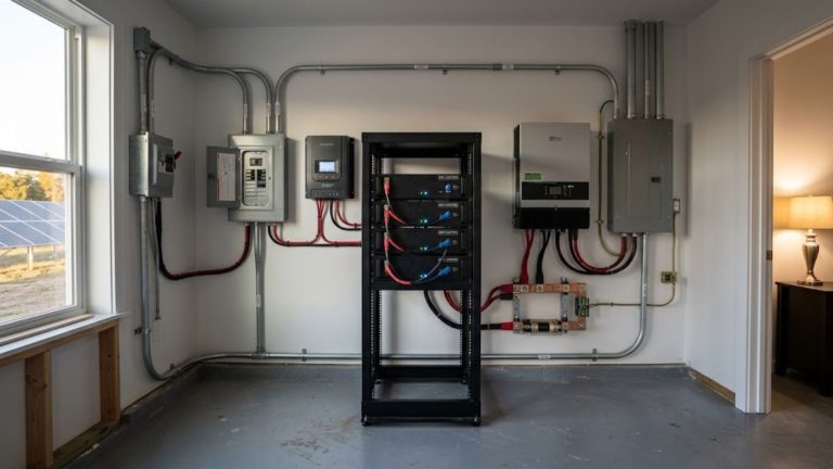 Diagram of an off-grid battery bank system showing solar panels, charge controller, batteries, and an inverter.