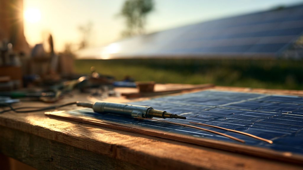 A DIY solar panel workbench showing photovoltaic cells being soldered, with a completed off-grid solar array in the background under a blue sky.