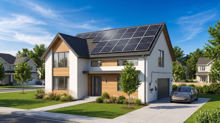A modern suburban home equipped with a rooftop solar electricity system under a bright, sunny sky.
