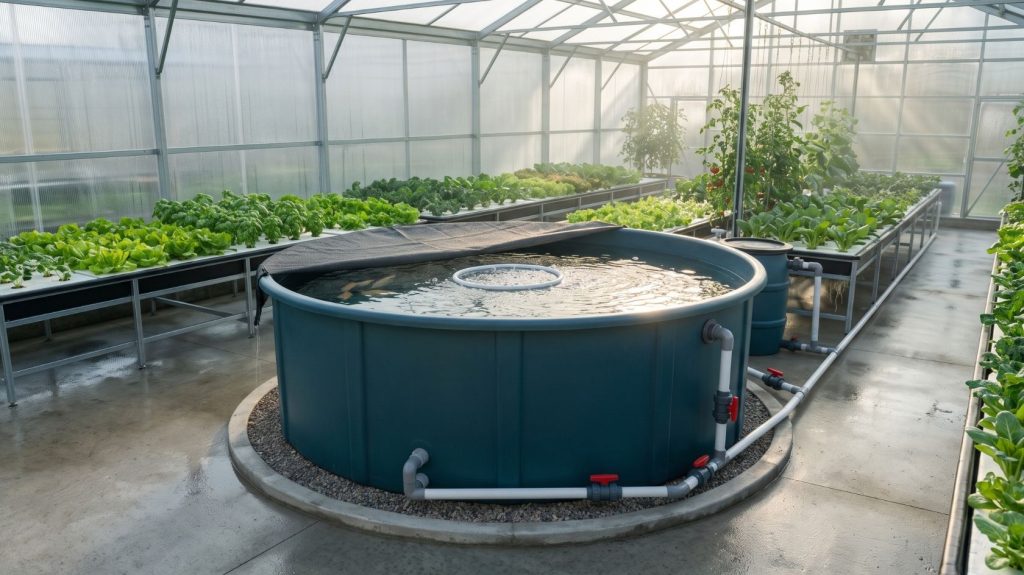 Round food-grade HDPE aquaponics fish tank with external plumbing connected to a thriving plant grow bed