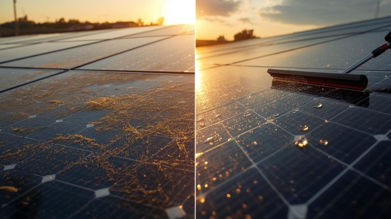 A high-resolution split-scene photograph of a large solar panel array at sunset.