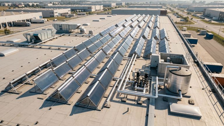 Large array of commercial evacuated tube solar water heater panels installed on a flat factory roof.