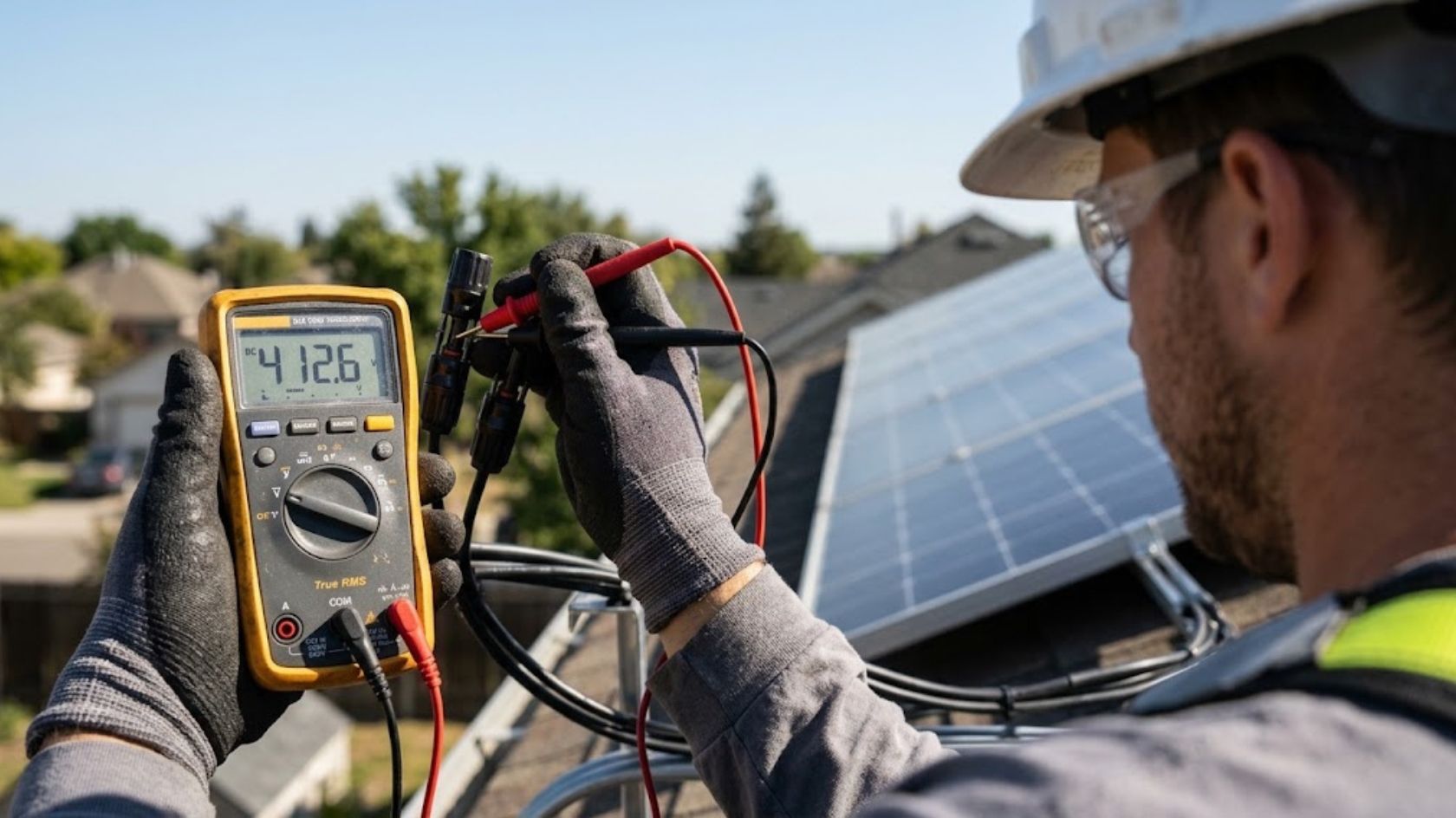 Digital multimeter testing the voltage of a solar panel MC4 connector.