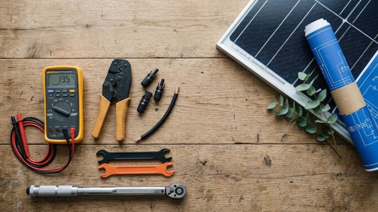 Flat lay of essential DIY solar installation tools including a digital multimeter, MC4 crimping tool, and torque wrench on a wooden workbench next to a solar panel.