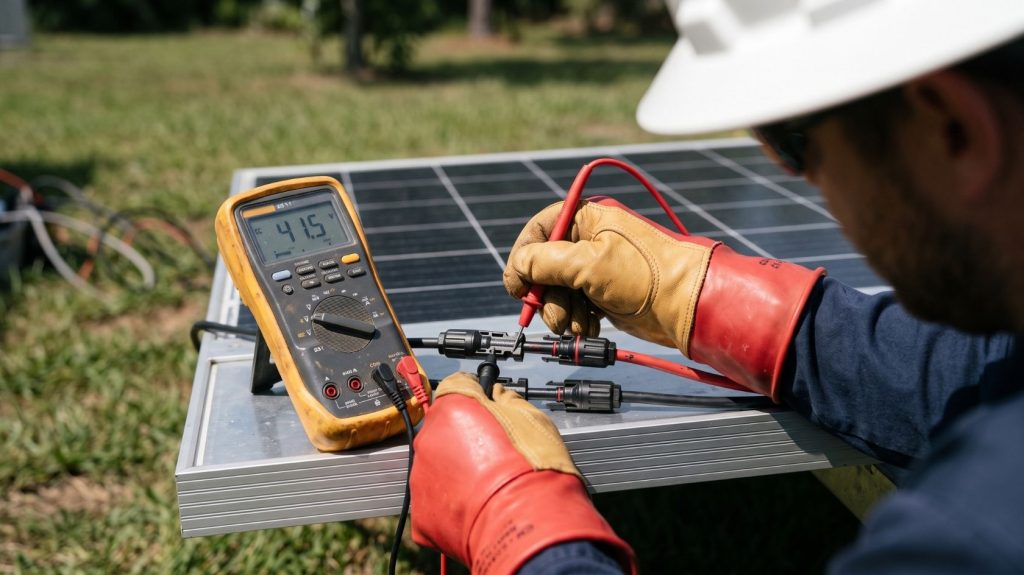 Technician wearing insulated safety gloves using a digital multimeter to test solar panel output voltage via MC4 connectors.