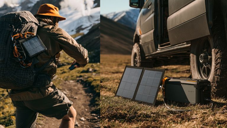 A split screen showing a small solar charger attached to a hiking backpack next to a large 200W folding portable solar panel powering an off-grid campsite.