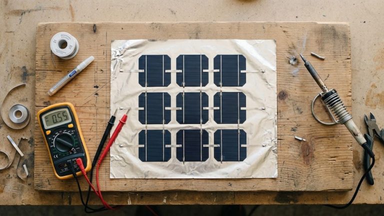 Tabbed solar cells and a multimeter laid out on an aluminum foil backing for a DIY solar panel science project.