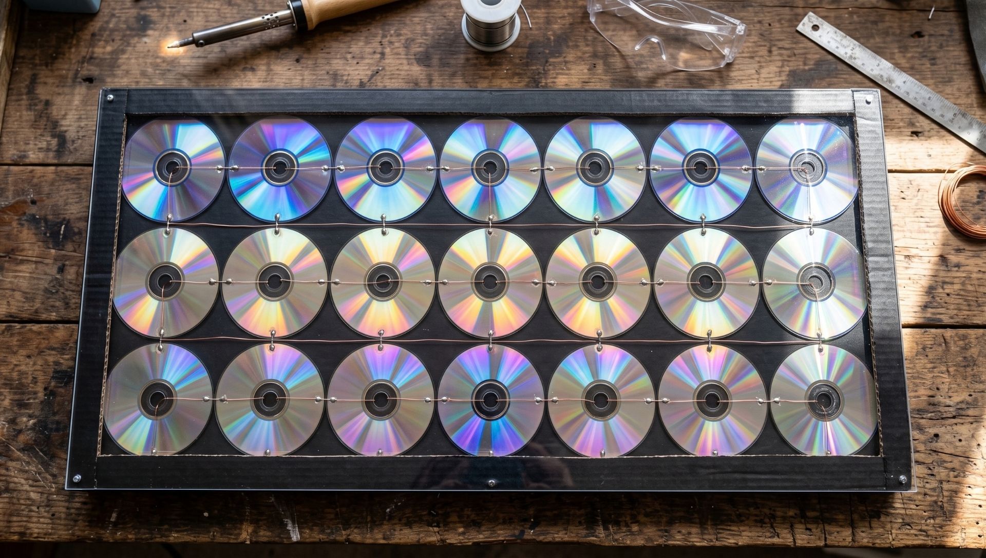 A finished homemade solar thermal collector on a wooden workbench, demonstrating how to make a solar panel with CD for a DIY renewable energy project.