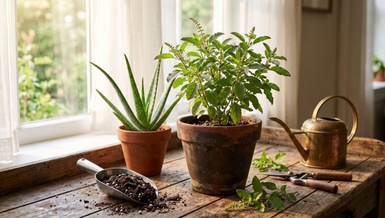 A potted Tulsi plant and Aloe Vera plant sitting in bright morning sunlight on a wooden potting bench, showcasing healthy Ayurvedic plants to grow at home.