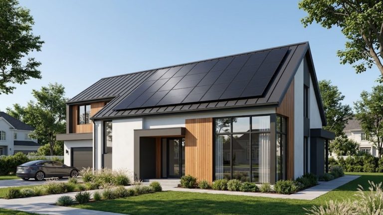 A wide, well-lit shot of a modern residential home featuring sleek, all-black monocrystalline solar panels seamlessly integrated into the roof, set against a clear blue sky.