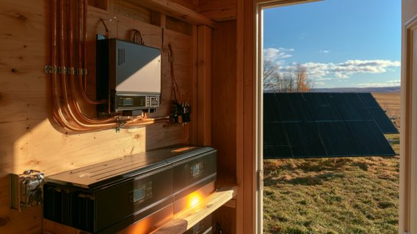 An organized off-grid solar power shed featuring a LiFePO4 battery bank, inverter, and wiring setup.