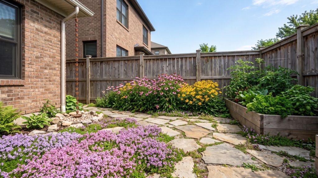 Small eco-friendly backyard featuring a blooming purple creeping thyme lawn, native coneflowers, a copper rain chain, and a cedar raised garden bed.