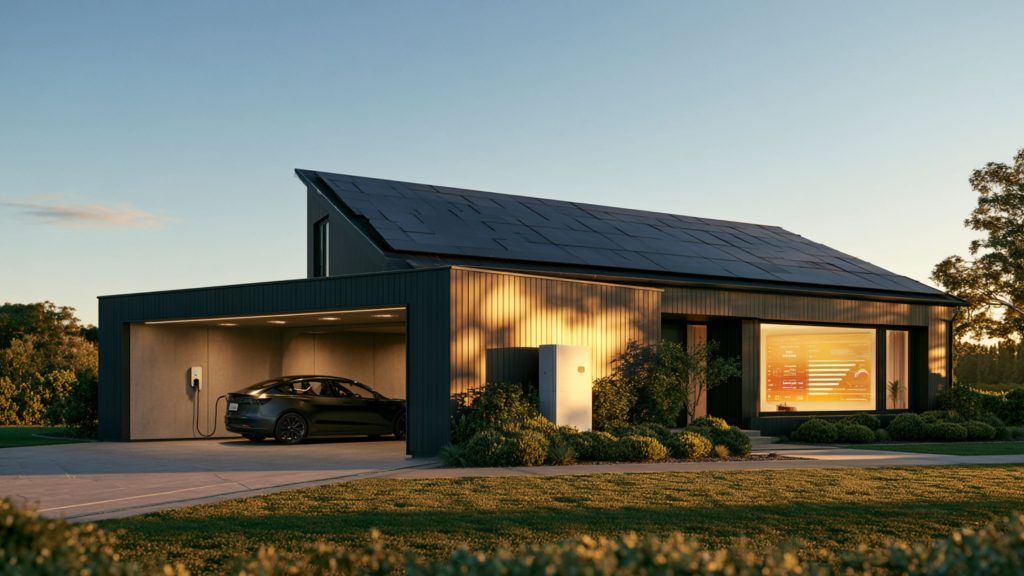 A high-efficiency modern home integrating solar panels, an EV with bidirectional V2G charging, a heat pump, and a smart energy management interface—key energy-saving solutions for global warming.