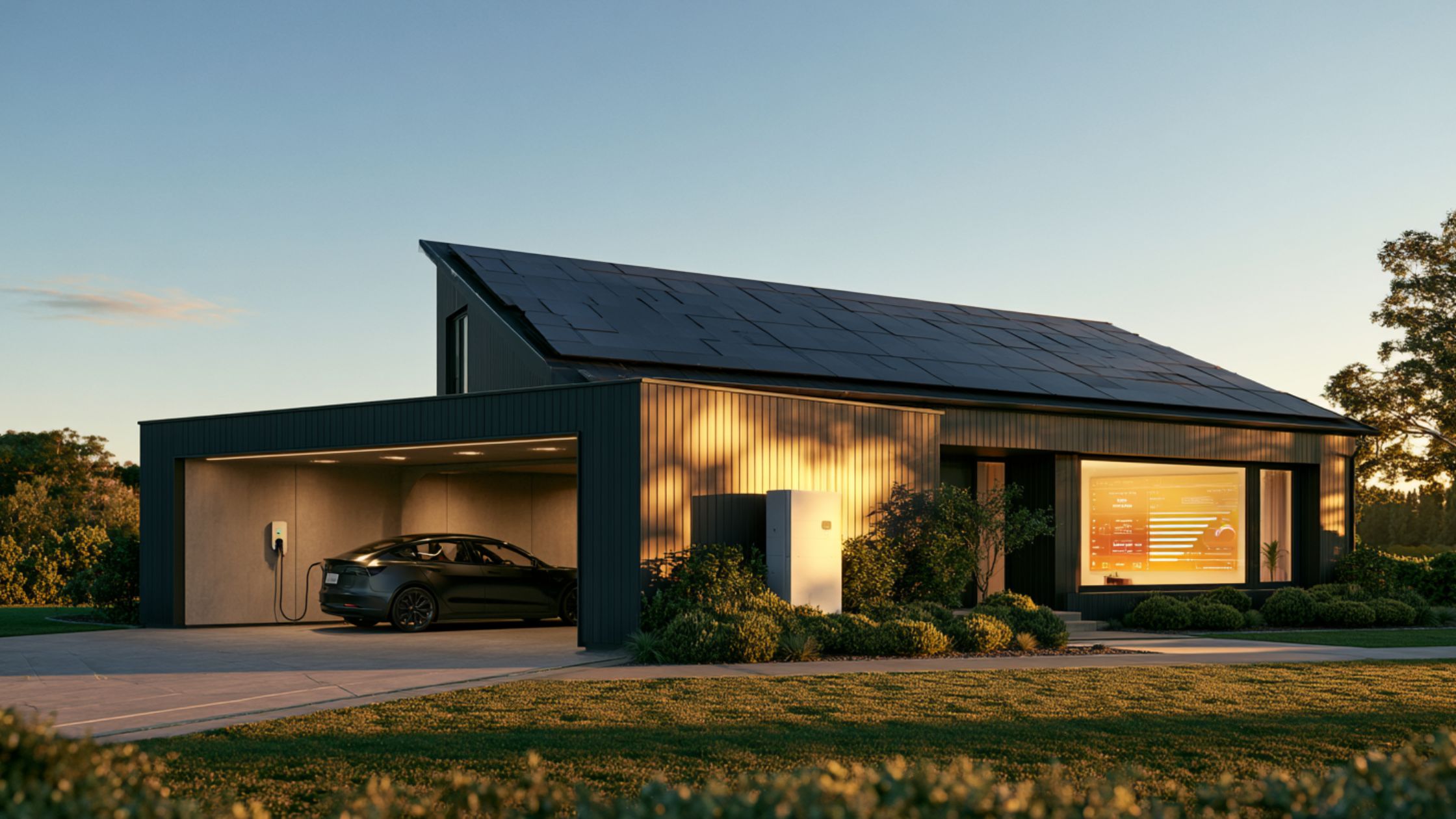 A high-efficiency modern home integrating solar panels, an EV with bidirectional V2G charging, a heat pump, and a smart energy management interface—key energy-saving solutions for global warming.