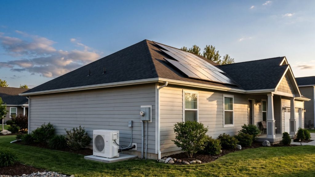 Rooftop solar panels on a suburban home angled toward the sun, with an outdoor air conditioner unit in the foreground, illustrating how many solar panels are needed to run an AC.
