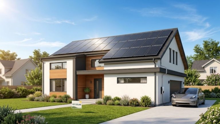 A modern home with a newly installed residential solar panel array under a bright blue sky, representing clean energy and available solar installation incentives.