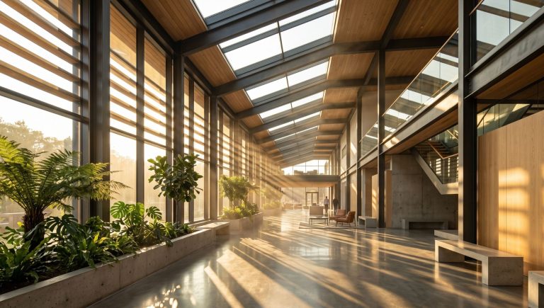 Modern double-height living room flooded with natural lighting from a large roof skylight and tall windows, highlighting energy-saving sunlight strategies.