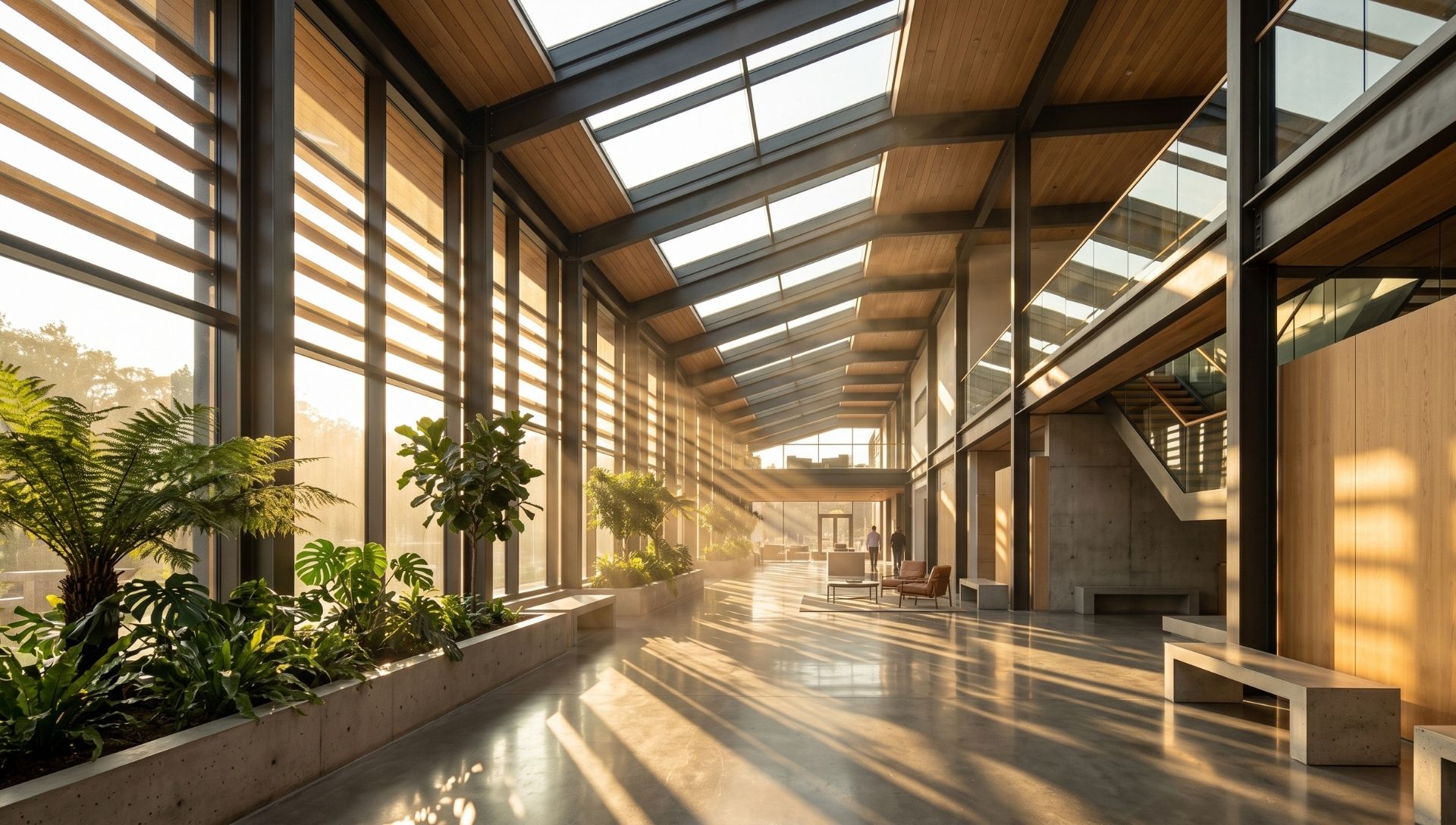 Modern double-height living room flooded with natural lighting from a large roof skylight and tall windows, highlighting energy-saving sunlight strategies.