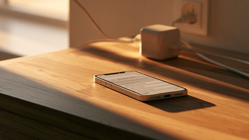 A smartphone displaying battery optimization settings connected to a wall-mounted smart plug, illustrating practical power-saving techniques for home electronics.