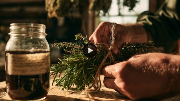 A person tying fresh rosemary bundles next to a glass mason jar of herbal tincture on a wooden table.
