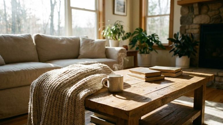 A cozy sunlit living room with soft natural light streams through a window, casting gentle shadows on reclaimed wood surfaces. Shallow depth of field emphasizes the textures.