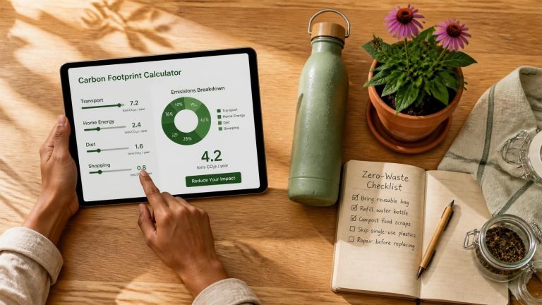 A person using a tablet computer to review carbon calculator data next to a potted plant and eco-friendly lifestyle tools on a wooden desk.