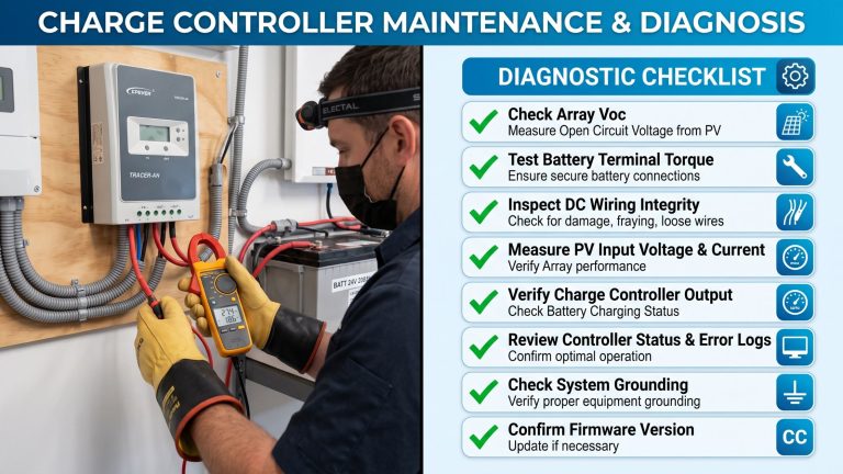 A technician performing electrical diagnostics and maintenance on an off-grid solar charge controller using a digital multimeter.