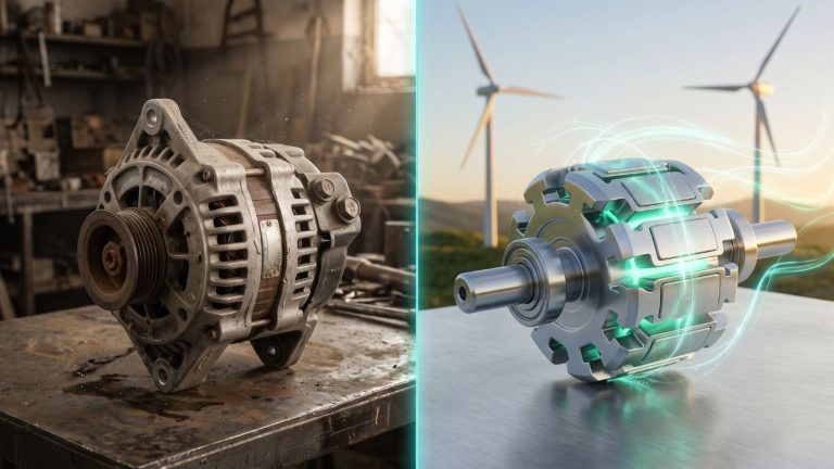 DIY alternator permanent magnet generator conversion for off-grid wind and hydro power.