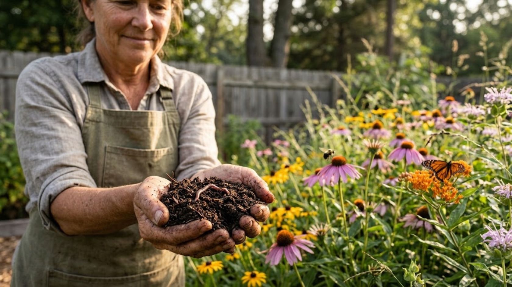 Gardener testing healthy loamy soil with hands in a sustainable garden.