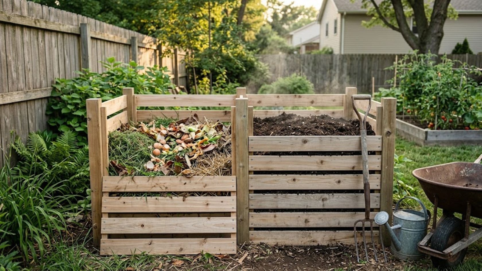 Backyard wooden compost bin filled with yard waste and kitchen scraps.