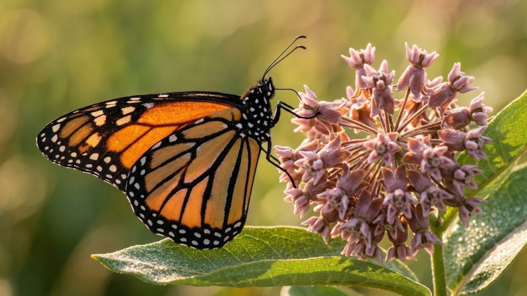 Monarch butterfly feeding on native milkweed in a sustainable pollinator garden.