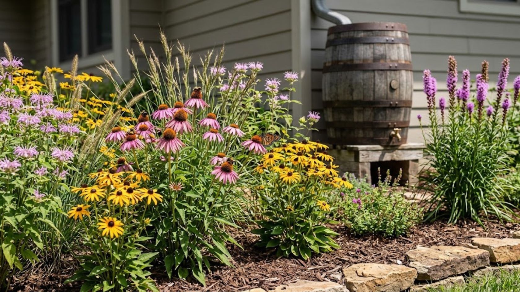 A thriving sustainable garden design featuring native purple coneflowers, thick organic wood chip mulch, and a rain barrel collecting water.