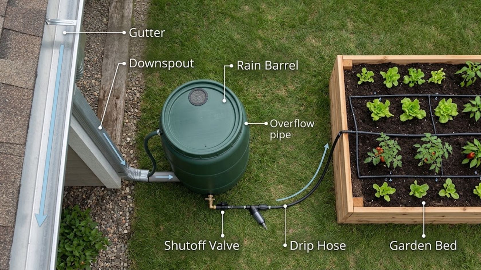 Diagram showing how a rain barrel collects gutter runoff for a sustainable drip irrigation system.