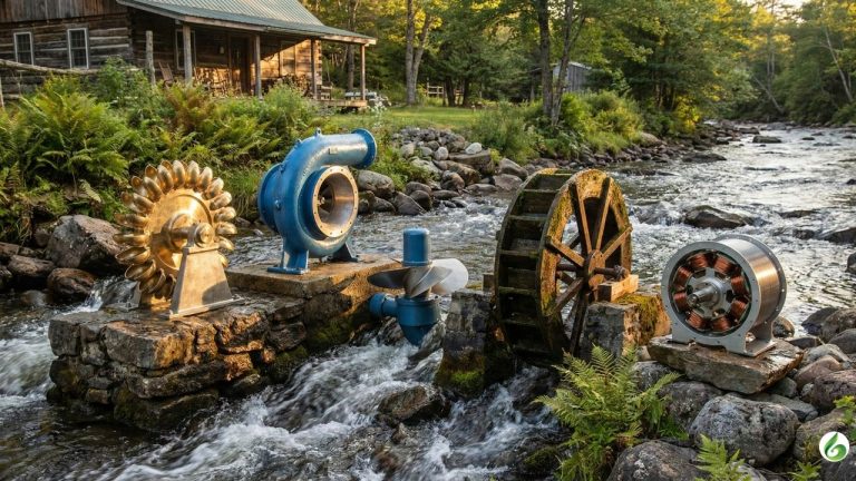 A sunlit riverside homestead featuring five distinct hydroelectric turbines in sharp focus.