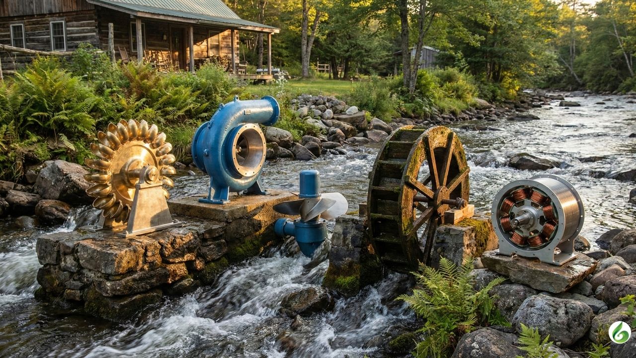 A sunlit riverside homestead featuring five distinct hydroelectric turbines in sharp focus.