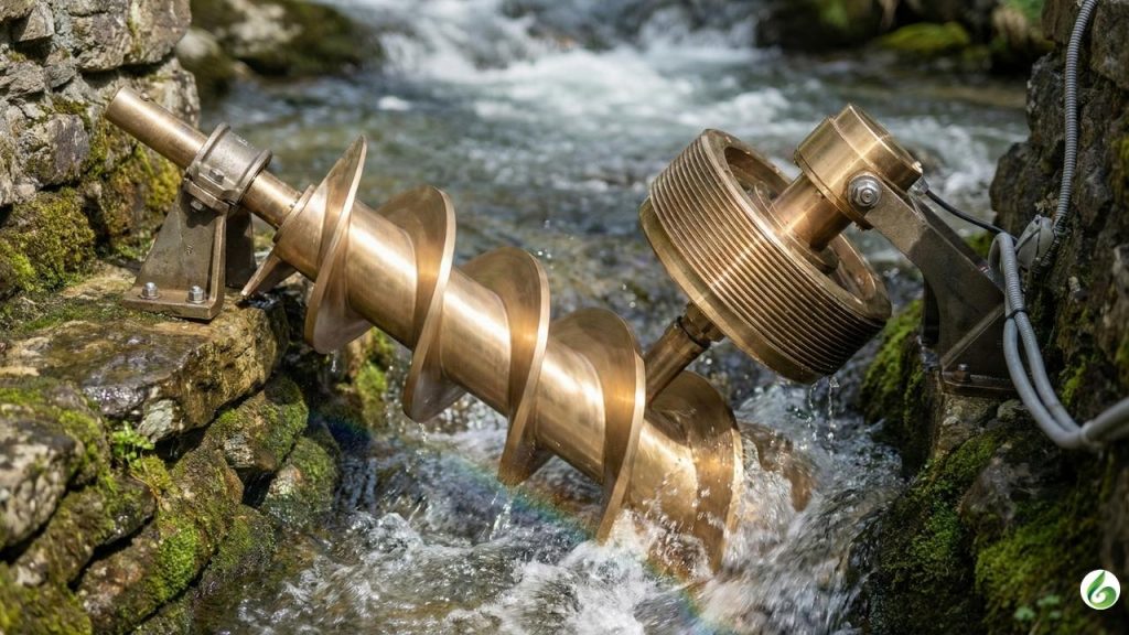 A gleaming brass Archimedes screw generator mounted at an angle over a cascading mountain stream.