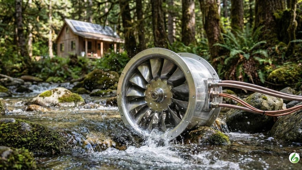 A compact micro-hydro turbine with gleaming stainless steel blades sits partially submerged in rushing water.