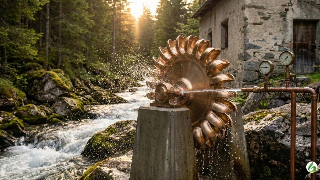 A polished bronze Pelton wheel turbine mounted on a concrete platform beside a rushing mountain stream.