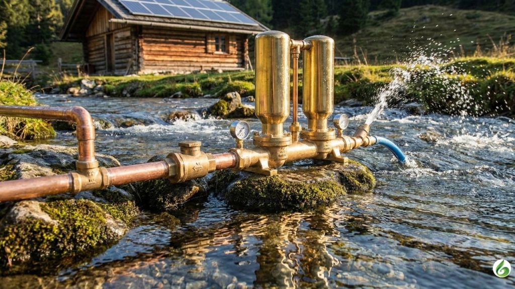 A ram pump mechanism, its pressure chambers and check valves catching golden afternoon light.