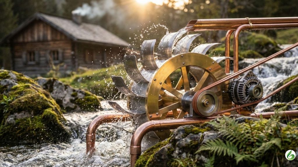 A steel water wheel generator mounted beside a rushing mountain stream.