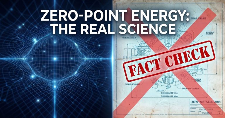 Abstract quantum field grid contrasting with a blueprint of a zero-point energy generator, representing the scientific reality of vacuum fluctuations versus free energy myths.