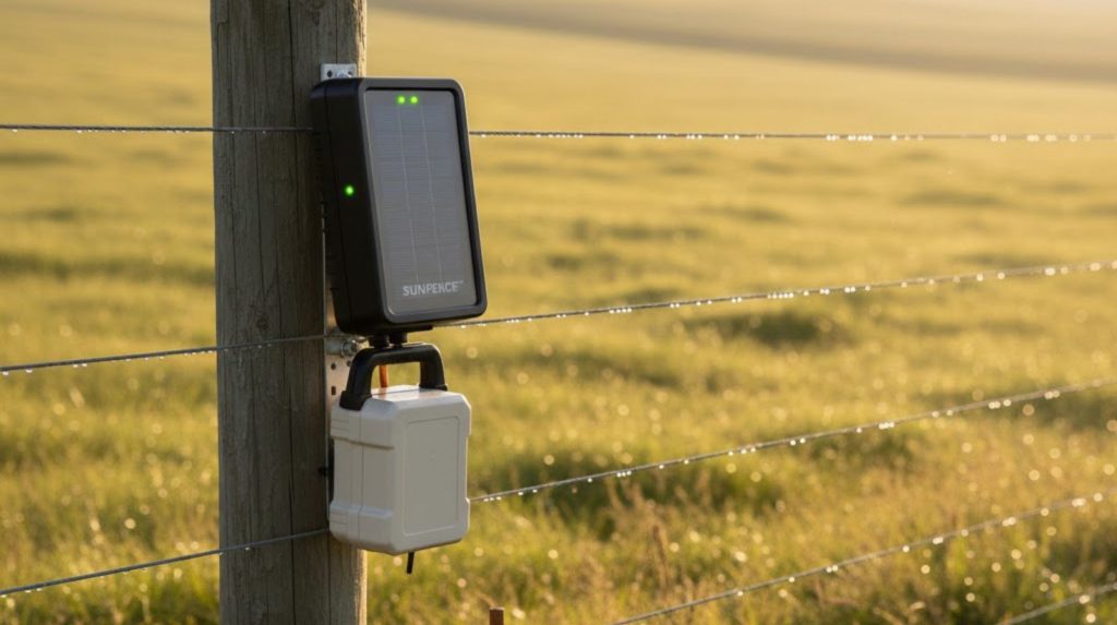 A pristine solar panel mounted on weathered wooden fence posts, angled toward golden sunlight.