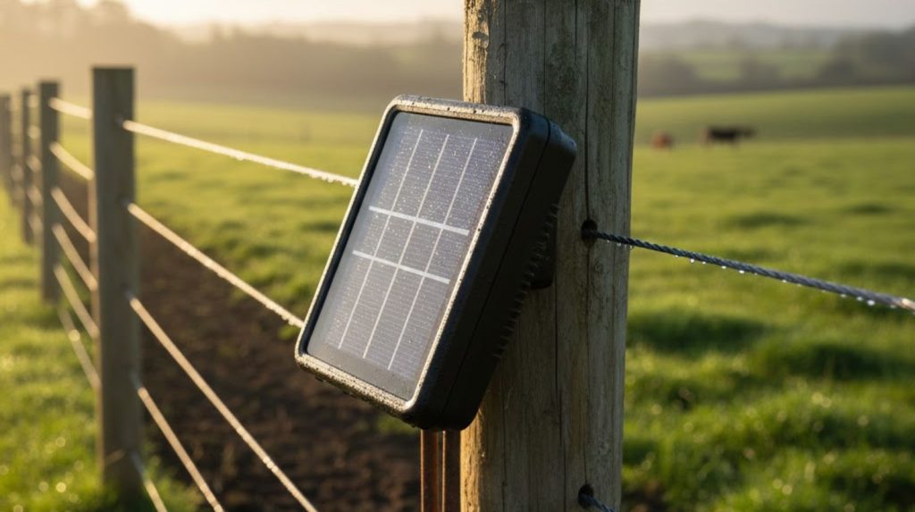 A professional photograph captures a solar-powered electric fence charger mounted on a weathered wooden post at optimal angle, tilted 30 degrees toward the southern sky.