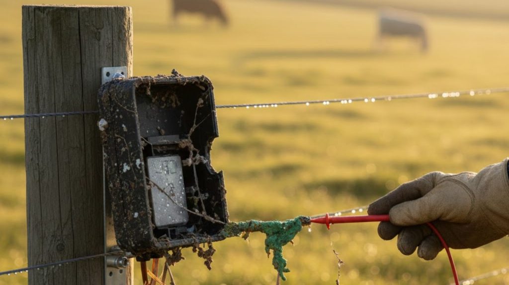 A weathered solar panel mounted on a wooden fence post shows accumulated dirt and debris on its surface.