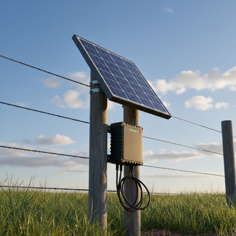 A gleaming solar panel mounted on weathered fence posts.