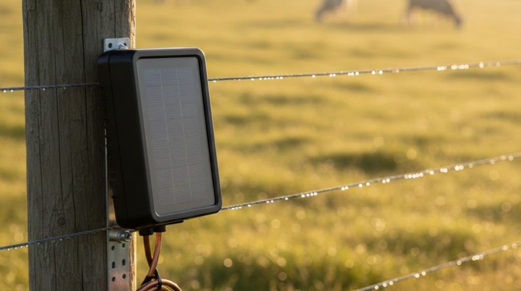 A professional close-up shot capturing a sleek solar-powered electric fence charger mounted on weathered wooden fence posts.