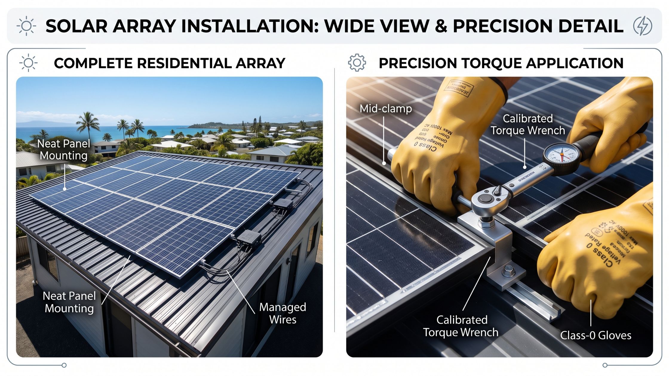 A DIY solar panel installation in progress on a residential roof, showing aluminum racking rails and a solar module being secured with a torque wrench.