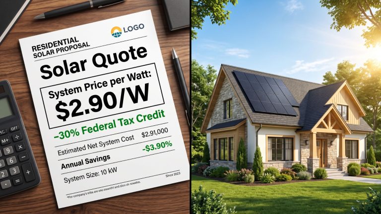 A financial breakdown of residential solar panel costs showing the price per watt and the 30% federal tax credit next to a home solar installation.
